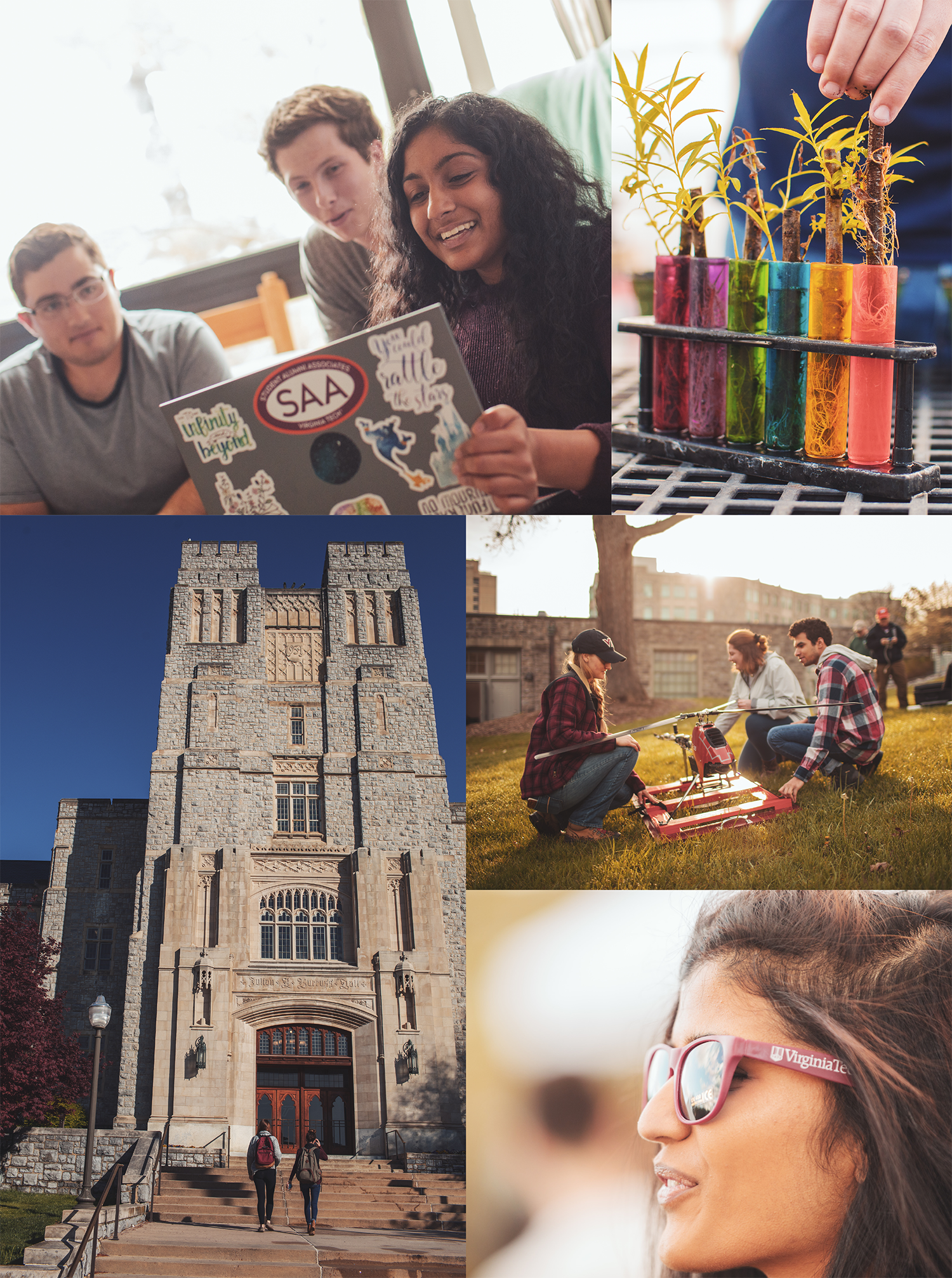 Collage of images of students enagaged in research and various campus activities